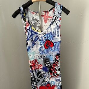 Graffiti Print Sleeveless Dress with Adjustable Ruched Side Strings